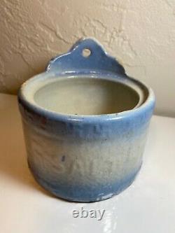 Antique SALT Stoneware Crock'Good Luck Swastika' Blue White Detailed Pottery