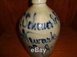 Antique S. Scheuer & Son Newark NJ Cobalt Blue Script Stoneware Pottery Jug