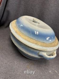 Antique Salt Glaze Blue & White Stoneware Crock Turkey Roaster withLid 14x10x 8