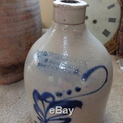 Antique Salt Glaze Stoneware Handled Cobalt Floral Crock Jug Boston