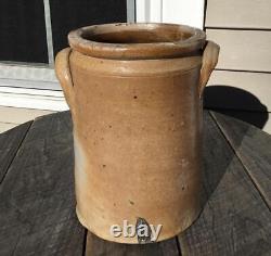 Antique Salt Glaze Tall Stoneware Jar Crock withThick Lug Handles 9.75H Cinnamon