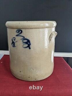 Antique Salt Glazed 2 Gallon Stoneware Crock With Handles