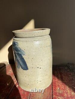 Antique Salt Glazed Blue Cobalt Decorated 1/2 Gallon Stoneware Crock