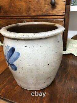 Antique Salt Glazed Stoneware Creamer Jar (Crock) With Cobalt Blue Flower