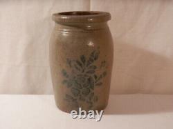Antique Salt Glazed Stoneware Crock Cobalt Blue Flowers 8 1/4