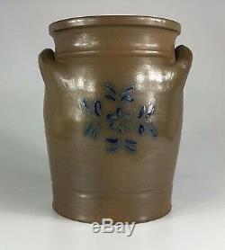 Antique Salt Glazed Stoneware Crock Double Handle Cobalt Blue Floral 10 Tall
