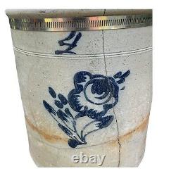 Antique Salt Glazed Stoneware Crock W Blue cobalt Rose decoration 4 gallon AS IS
