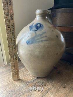 Antique Salt Glazed Stoneware Ovoid Jug Crock Cobalt Blue Tulip Flora Handle