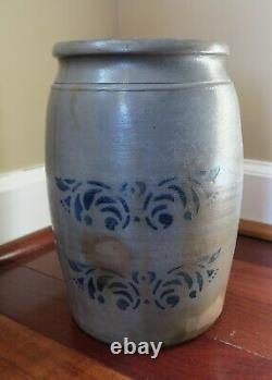 Antique Salt Glazed Stoneware Pottery Crock with Cobalt Blue Design Stencil