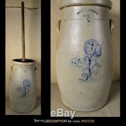 Antique Seymour Bros 4 Gallon Stoneware BUTTER CHURN Blue Flower Decoration