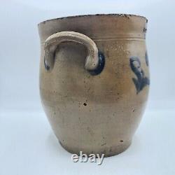 Antique Seymour Troy Blue Floral Stoneware Crock Old