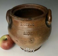 Antique Stoneware 1804 Boston Bean Pot Ovoid Crock, F Carpenter, Charlestown MA