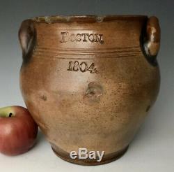 Antique Stoneware 1804 Boston Bean Pot Ovoid Crock, F Carpenter, Charlestown MA