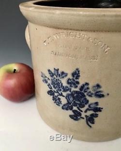 Antique Stoneware 1G Crock with Cobalt Rose Stencil, FT Wright, Taunton MA, c1870