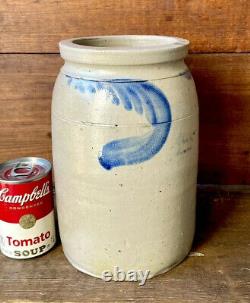 Antique Stoneware 1G PA or Mid-Atlantic Fruit Jar Pantry Crock with Cobalt Swags