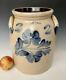 Antique Stoneware 2g Crock Jar With A+ Brushed Cobalt Floral, Lyons Ny, C. 1865