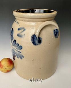 Antique Stoneware 2G Crock Jar with A+ Brushed Cobalt Floral, Lyons NY, c. 1865