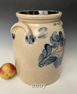 Antique Stoneware 2G Crock Jar with A+ Brushed Cobalt Floral, Lyons NY, c. 1865