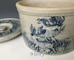 Antique Stoneware #2 Butter Crock with Lid, Deer Hunt Scene, Whites Utica, c1900