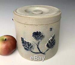 Antique Stoneware #3 Butter Crock Lidded Canister with Cobalt, Whites Utica, NY