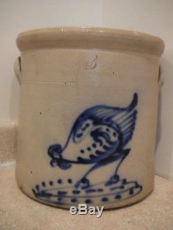 Antique Stoneware 3 Gal Crock Cobalt Blue Hen Pecking Corn Ear Handles