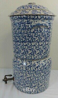 Antique Stoneware 3 Part Watercooler Blue Sponge Salt Glaze