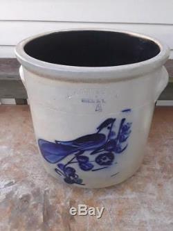 Antique Stoneware 4G Crock NA WHITE & SON Utica NY Cobalt Blue Paddletail Bird