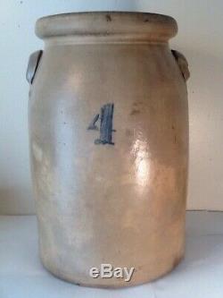 Antique Stoneware 4 gal. Crock with Lug Handles & Cobalt Blue 4