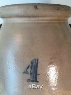 Antique Stoneware 4 gal. Crock with Lug Handles & Cobalt Blue 4