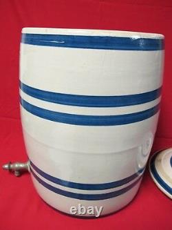 Antique Stoneware 5 Gallon Water Cooler Beer Keg blue Stripes Blue Crown