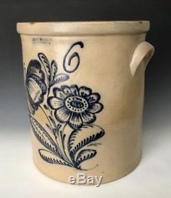 Antique Stoneware 6G Crock with Cobalt Floral, John Burger, Rochester NY, ca. 1860
