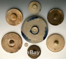 Antique Stoneware 7 Salt-Glazed & Cobalt Decorated Crock Jar Lid Covers, 19thC
