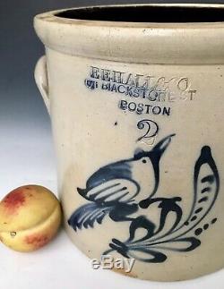 Antique Stoneware A+ Boston MA Merchant Advertising Crock with NY Cobalt Bird, NR