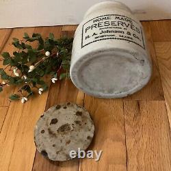 Antique Stoneware Advertising Preserves Crock w Original Lid HA Johnson Boston