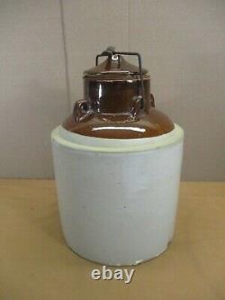 Antique Stoneware Apple Sauce Pottery Brown Top Crock Jar with Wire Snap Lid 1 Gal