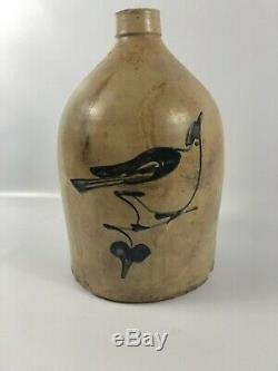 Antique Stoneware Blue Bird Decorated Jug Crock Bottle