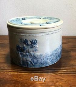 Antique Stoneware Butter Cheese Crock Blue Glaze Hunting Elk Design #3