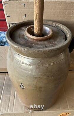 Antique Stoneware Butter Churn, /Crock 15 Tall, Brown With Lid & Plunger