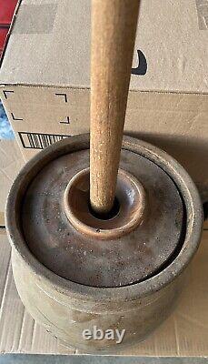 Antique Stoneware Butter Churn, /Crock 15 Tall, Brown With Lid & Plunger