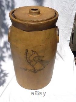 Antique Stoneware Butter Churn Jug Pottery Bird Decoration
