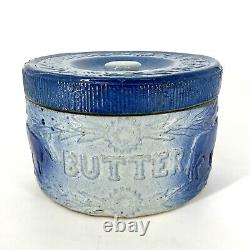 Antique Stoneware Butter Crock With Lid Blue Cows Fence Flowers