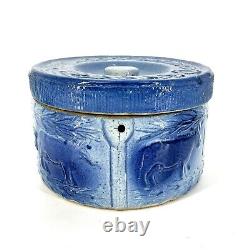 Antique Stoneware Butter Crock With Lid Blue Cows Fence Flowers