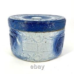 Antique Stoneware Butter Crock With Lid Blue Cows Fence Flowers