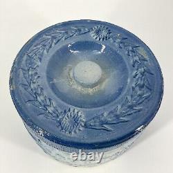 Antique Stoneware Butter Crock With Lid Blue Cows Fence Flowers