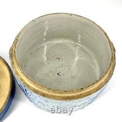 Antique Stoneware Butter Crock With Lid Blue Cows Fence Flowers