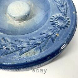 Antique Stoneware Butter Crock With Lid Blue Cows Fence Flowers