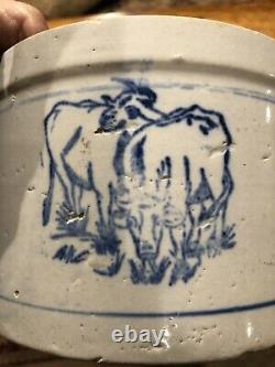 Antique Stoneware Butter Crock With Lid- Cows Grazing