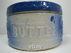 Antique Stoneware Butter Crock blue white glaze decorated with lid