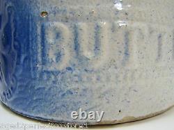 Antique Stoneware Butter Crock blue white glaze decorated with lid