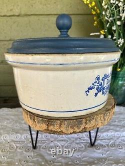Antique Stoneware Butter Crock with Wooden Lid Blue Stencil